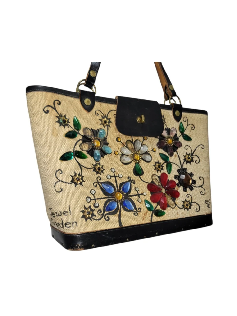 Collins of Texas Jewel Garden Tan Canvas Leather Trim Tote Purse Enid Collins